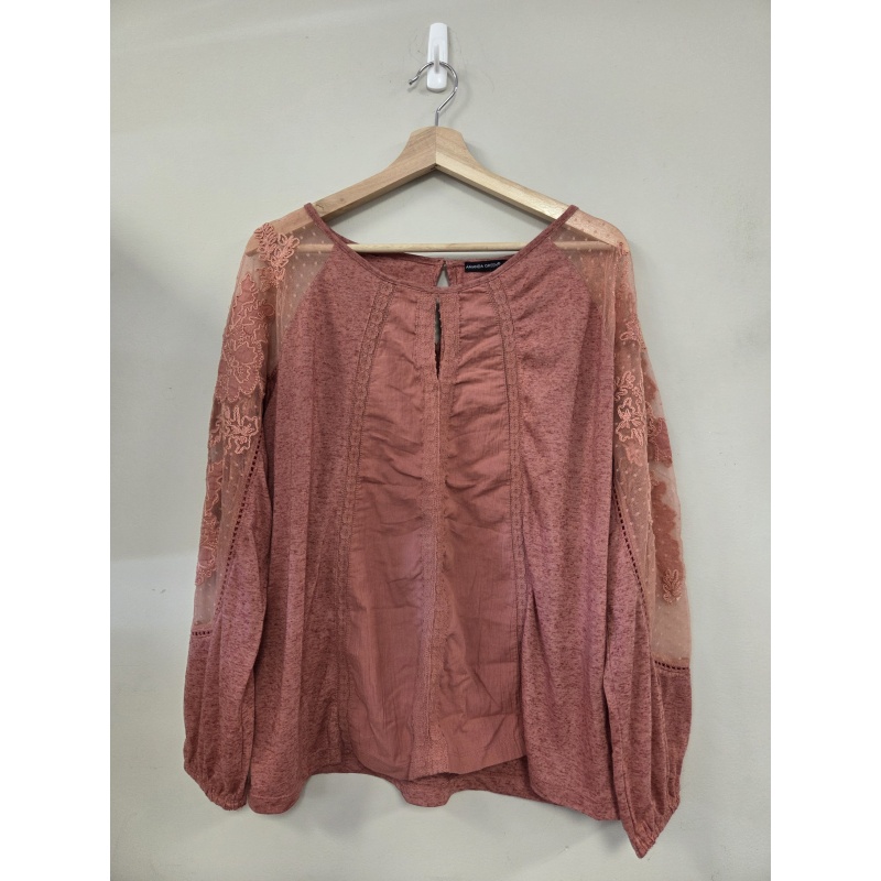 Bin55 DK Woman's Coral / Burnt Orange Sheer Lace Blouse Size L