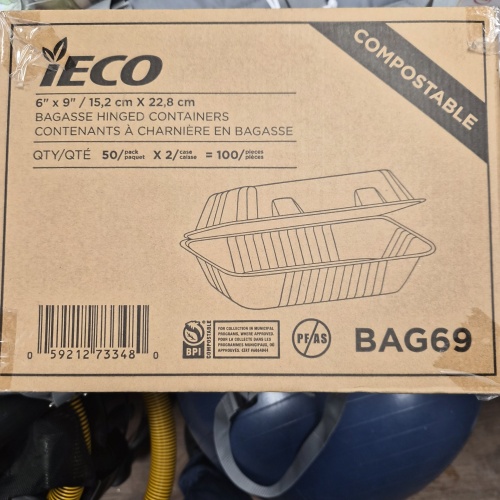 LG1 DK IECO 6"X9" BAGASSE Compostable HINGED CONTAINERS(100PIECES)(NEW)