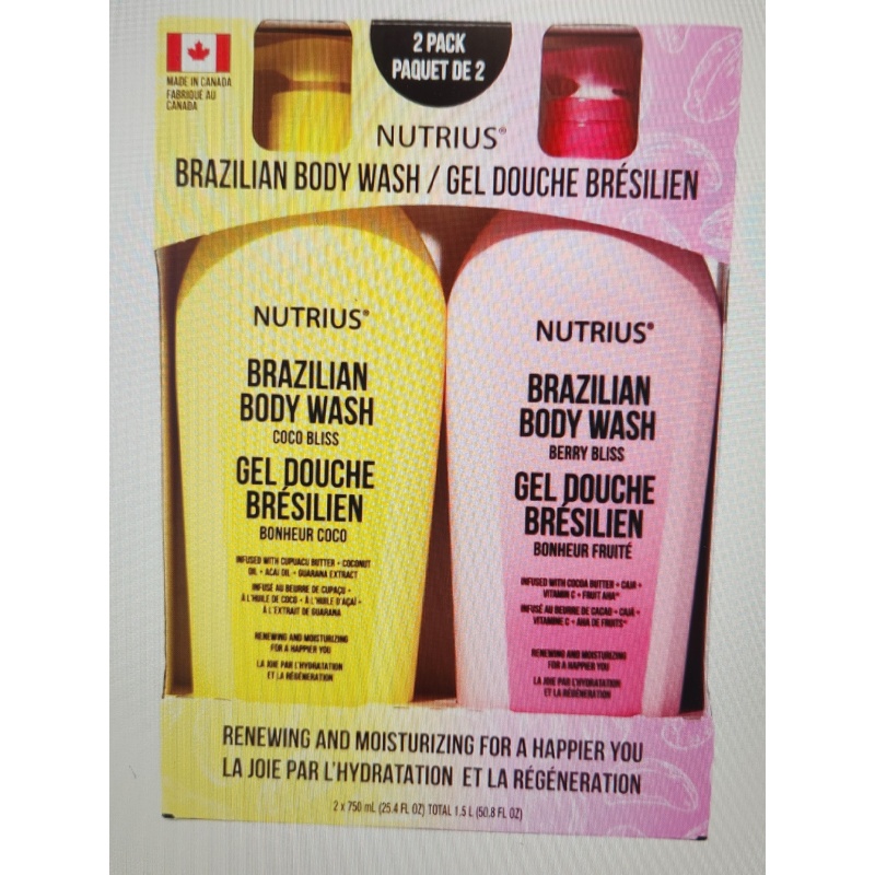 Bin28 ts Nutrius Brazilian Body Wash Twin Pack, Coco Bliss & Berry Bliss, Moisturizing Body Wash with Cupuacu Butter & Acai Oil, Paraben Free, Vegan, 2 x 25.4 fl oz
