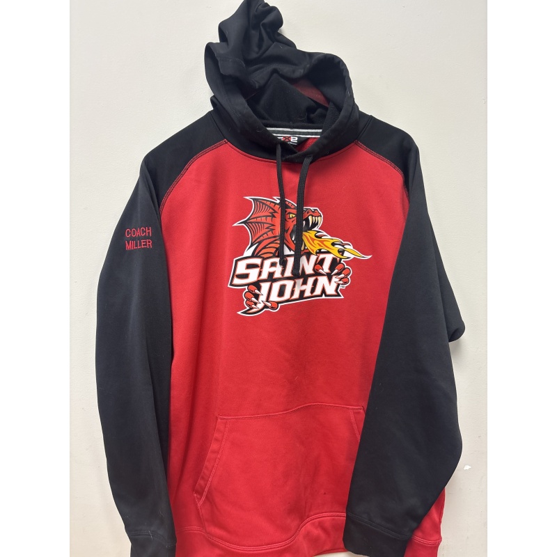 Bin94 ts Saint John Flames men’s large red/black hoodie (Coach Miller on sleeve)