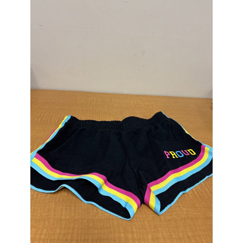 Bin57 DK Body Rage women’s large black shorts with colourful stripes