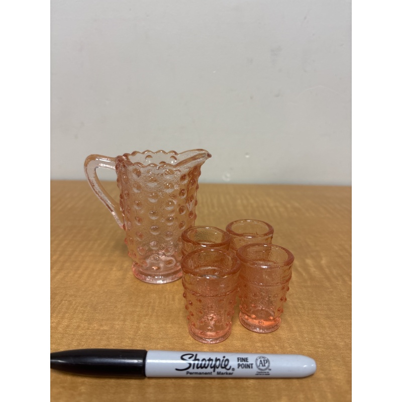 Bin74 ts Miniature pink glass hobnail pitcher and tumbler set (wrapped in bag)