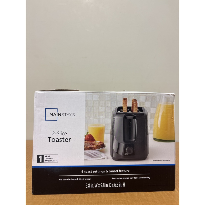 Bin90 ts Mainstays 2 slice toaster new- box opened to check