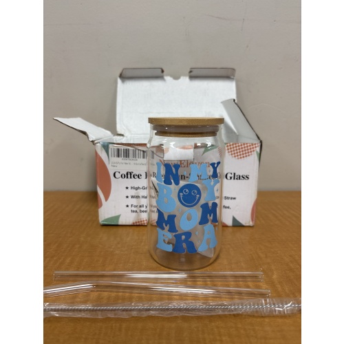 Bin90 ts Glass with reusable straws and straw cleaner new reads “in my boy mom era” (in box)