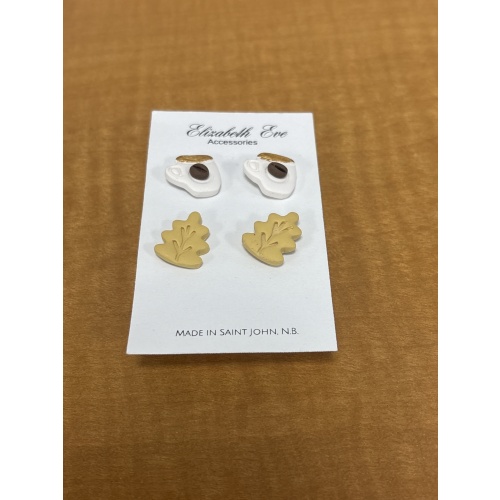 BinJ2 ts Elizabeth Eve 2 pair handmade earrings (coffee cups, leaves) handmade in Saint John
