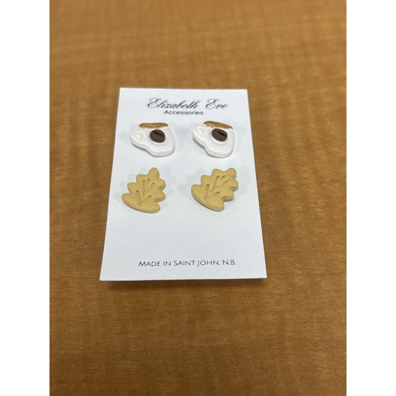 BinJ2 ts Elizabeth Eve 2 pair handmade earrings (coffee cups, leaves) handmade in Saint John