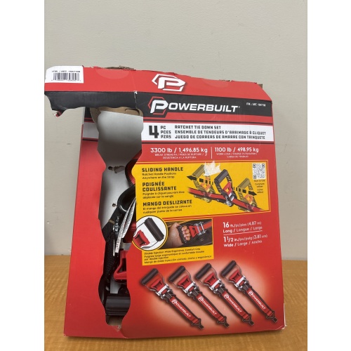 LG2 ts Powerbuilt 4-pc Ratchet Tie Down Set – 3.8 cm X 4.8 m (1.5 in. x 16 ft.) box open but appears new